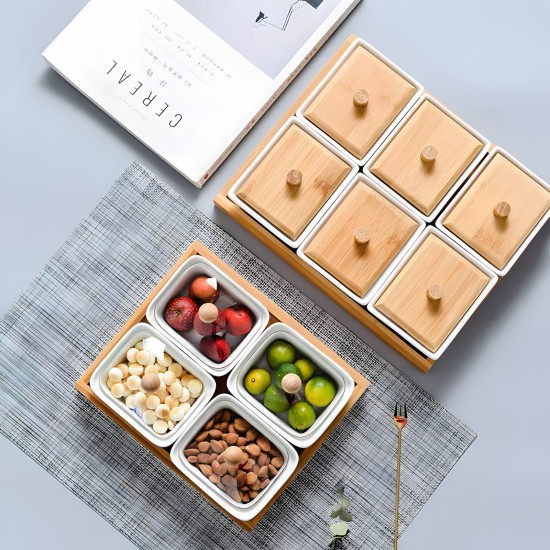 Wooden & Porcelain Serving Platter - 6 Pieces